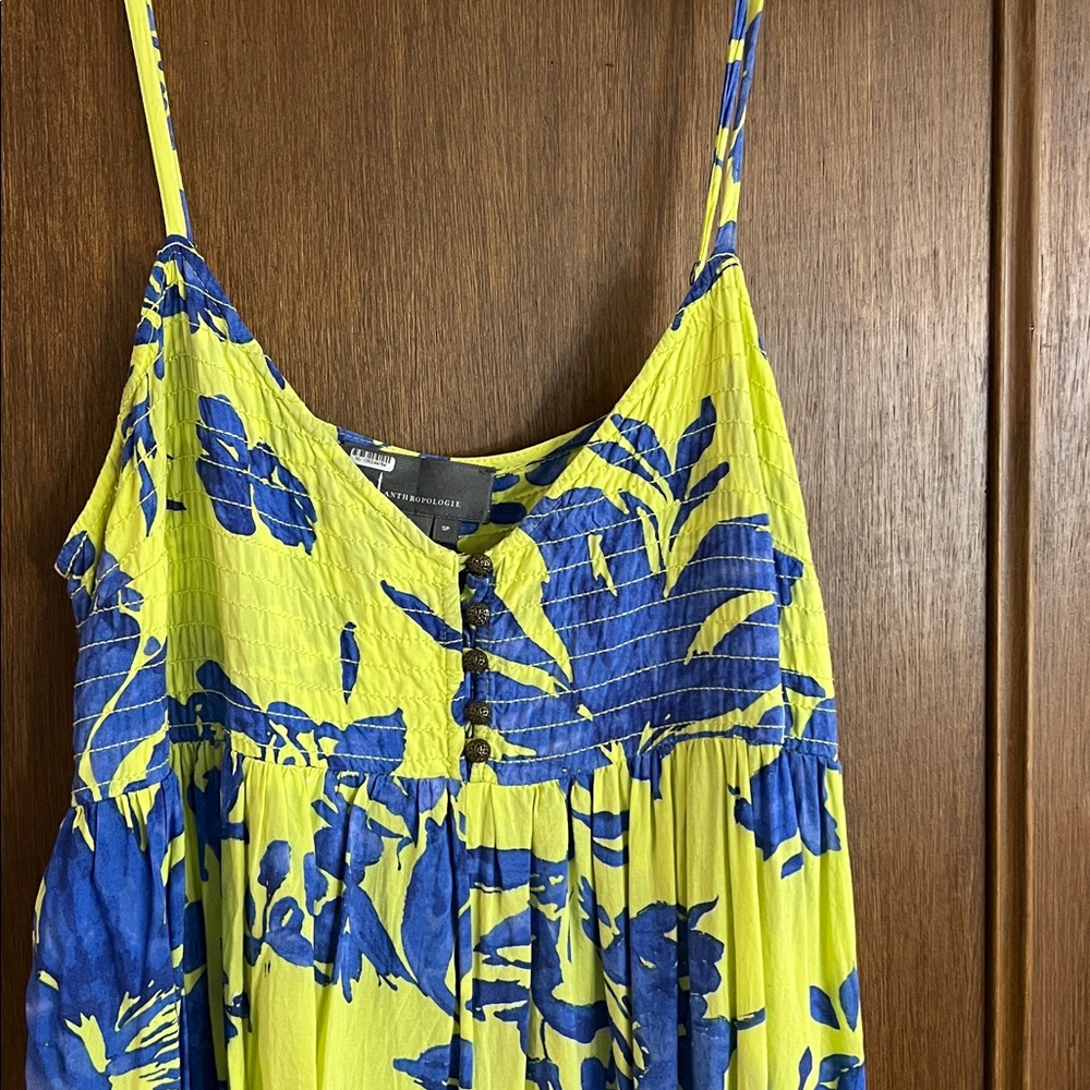 Anthropologie Lime and Cobalt Leaf Print jumpsuit - Picture 5 of 6